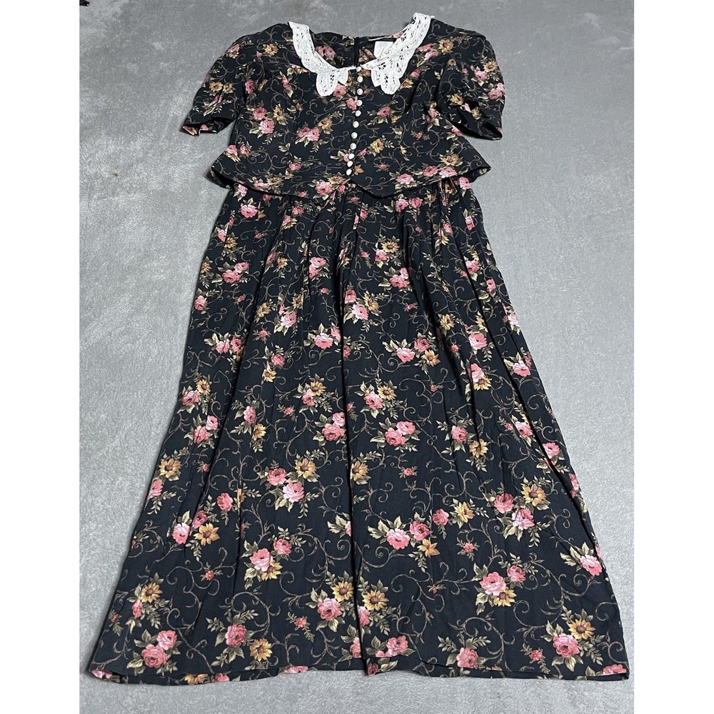 Vintage Miss Dorby Dress Womens 14 Black‎ Floral Button Maxi Modest Lace Collar